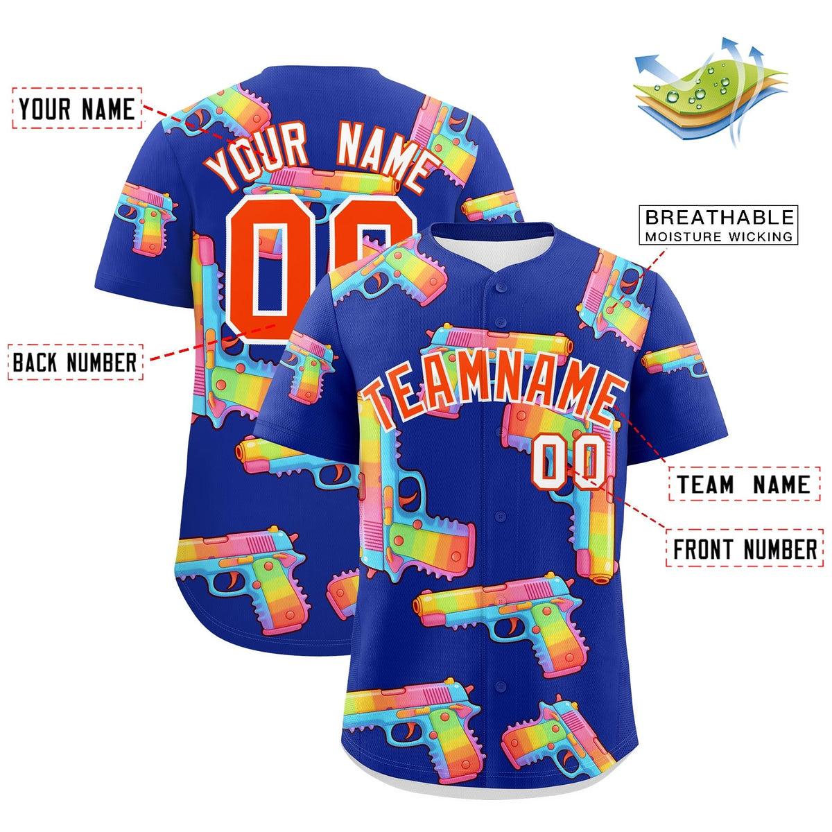 Custom Youth Baseball Jersey Royal Blue Orange Sugar-Coated Firepower Graffiti Pattern Street Style
