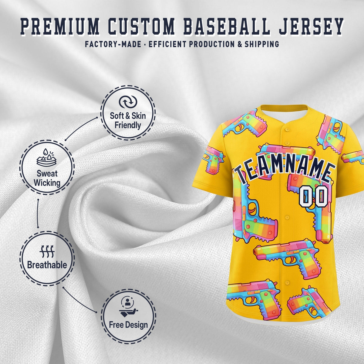 Custom Youth Baseball Jersey Yellow Navy Sugar-Coated Firepower Graffiti Pattern Street Style