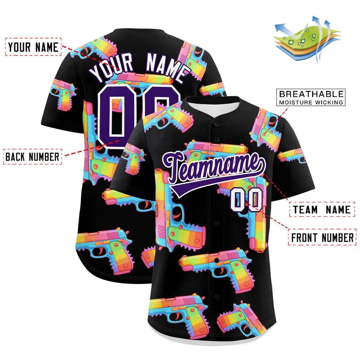Custom Youth Baseball Jersey Black Purple Sugar-Coated Firepower Graffiti Pattern Street Style