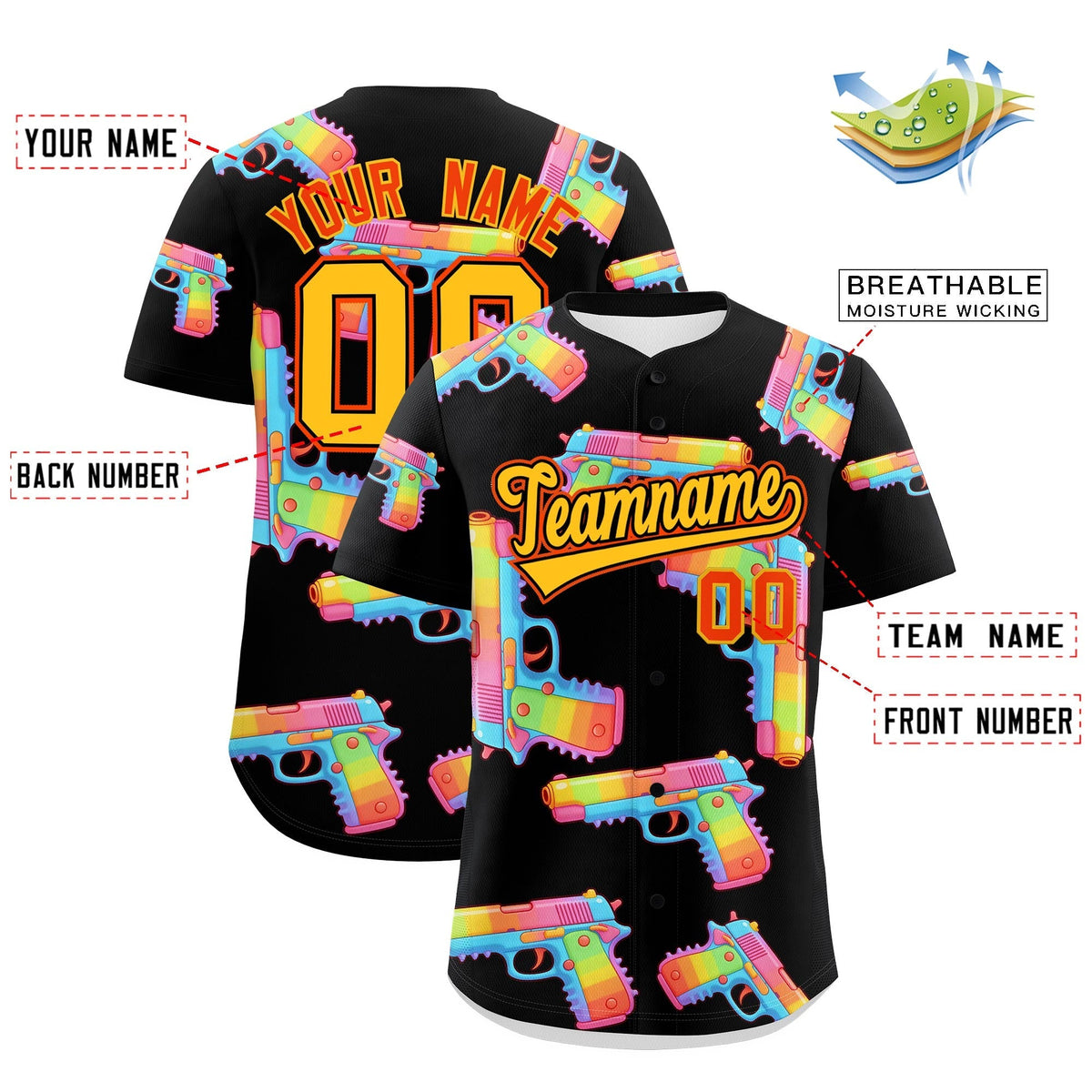 Custom Youth Baseball Jersey Black Yellow Sugar-Coated Firepower Graffiti Pattern Hip-hop