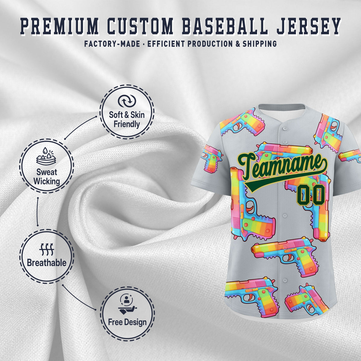 Custom Youth Baseball Jersey Silver Dark Green Sugar-Coated Firepower Graffiti Pattern Hip-hop