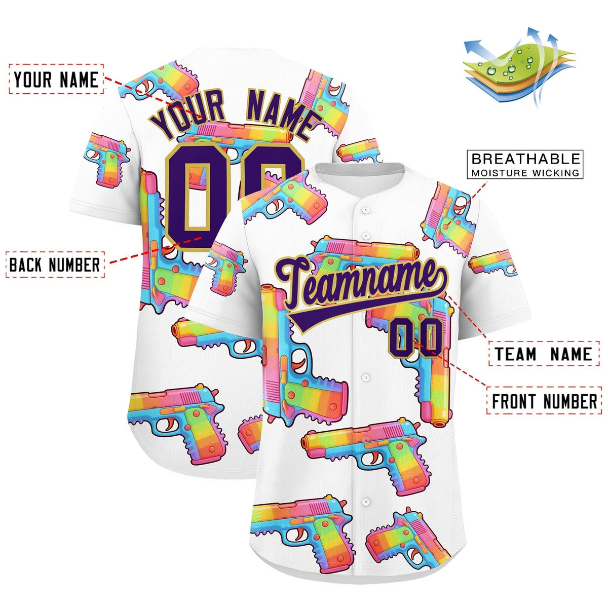 Custom Youth Baseball Jersey White Purple Sugar-Coated Firepower Graffiti Pattern Street Style