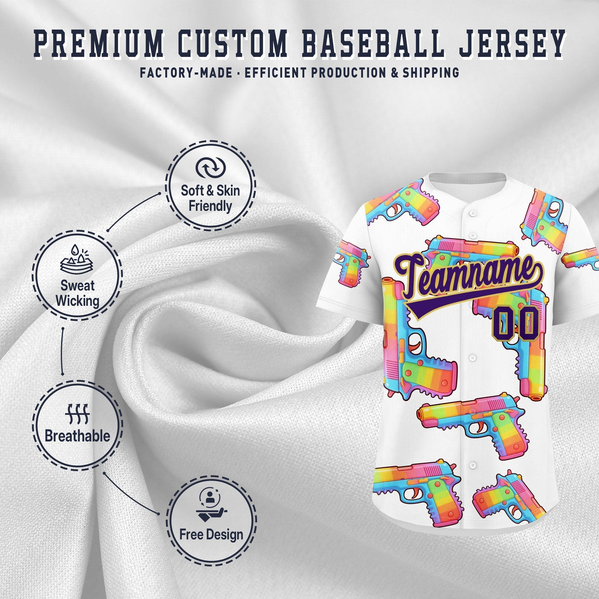 Custom Youth Baseball Jersey White Purple Sugar-Coated Firepower Graffiti Pattern Street Style