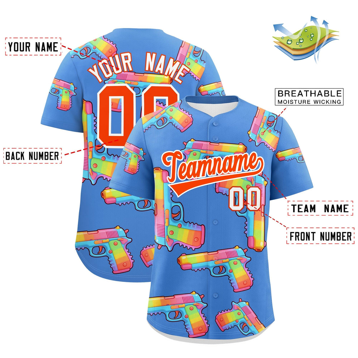 Custom Youth Baseball Jersey Powder Blue Orange Sugar-Coated Firepower Graffiti Pattern Hip-hop