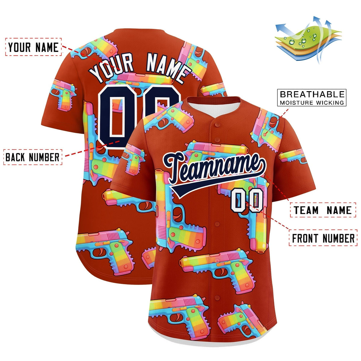 Custom Youth Baseball Jersey Dark Orange Navy Sugar-Coated Firepower Graffiti Pattern Street Style
