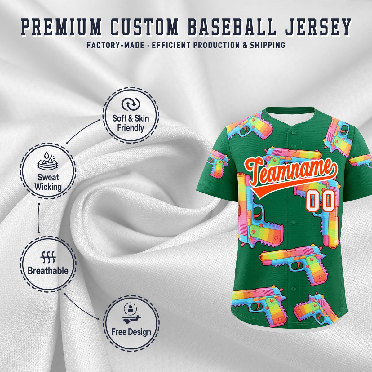 Custom Youth Baseball Jersey Kelly Green Orange Sugar-Coated Firepower Graffiti Pattern Street Style