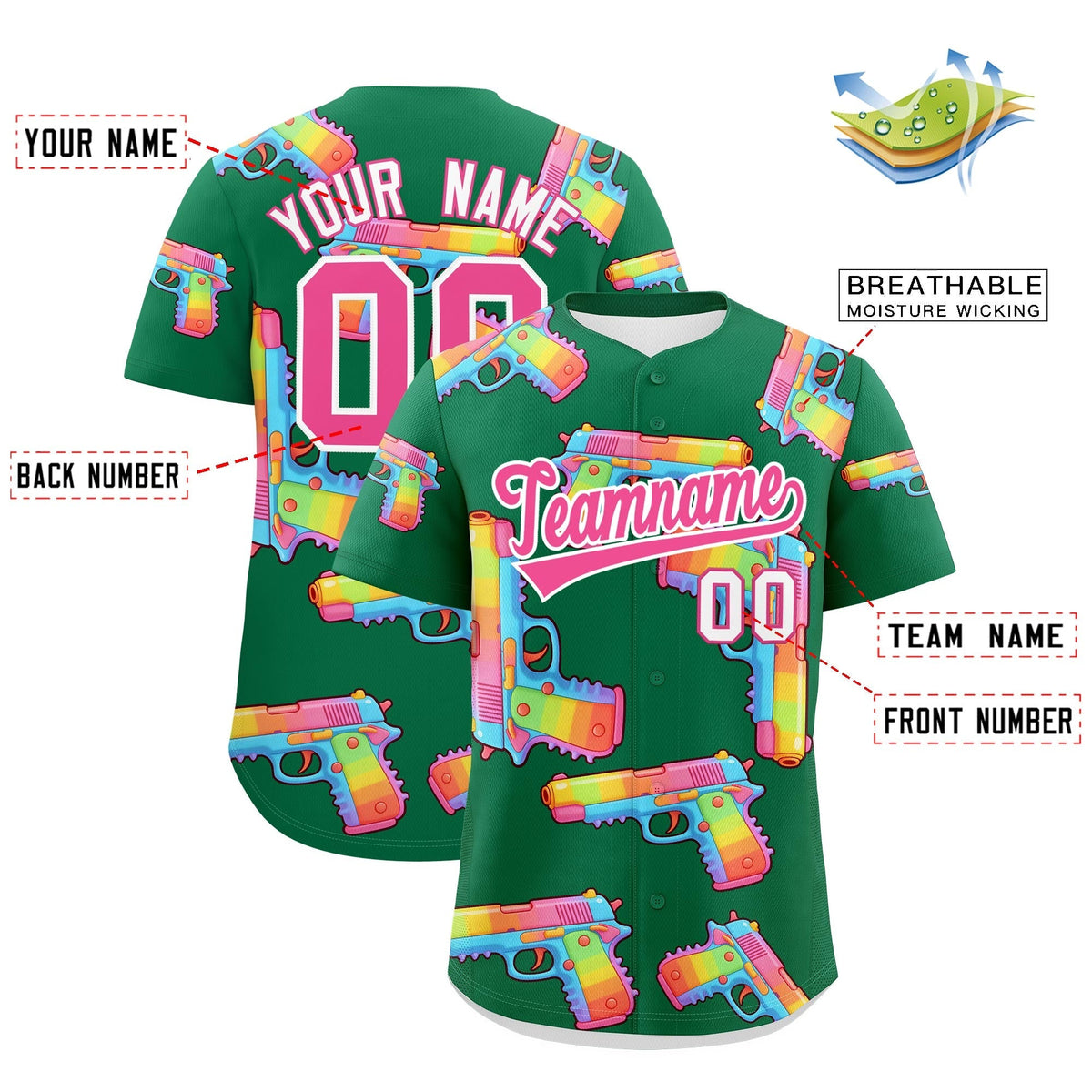 Custom Youth Baseball Jersey Kelly Green Pink Sugar-Coated Firepower Graffiti Pattern Hip-hop
