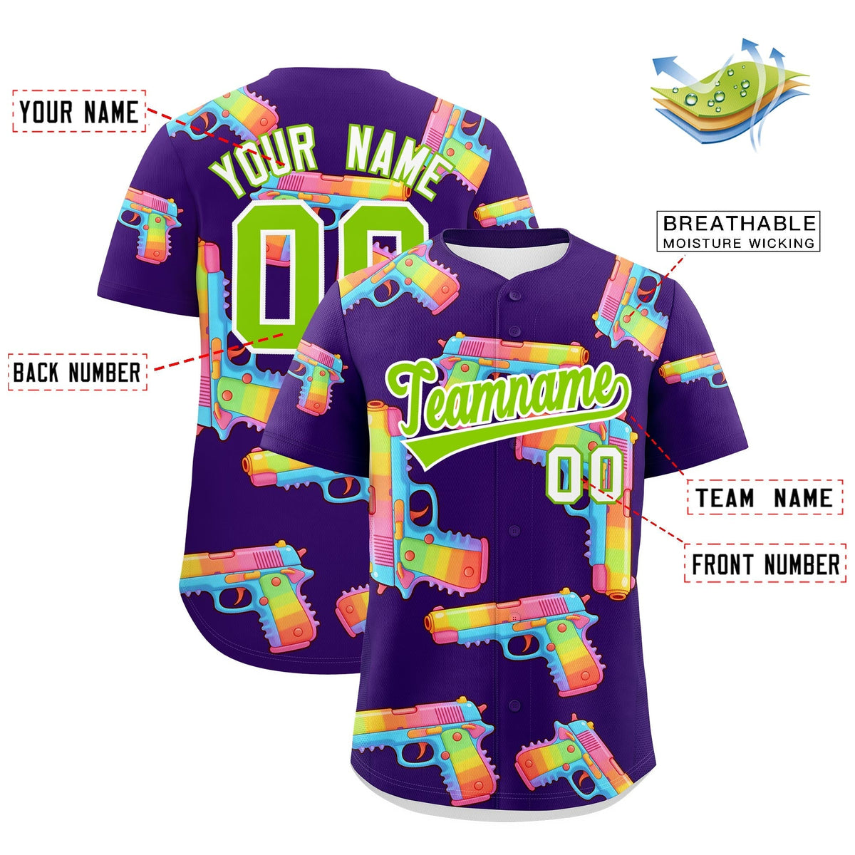 Custom Youth Baseball Jersey Purple Neon Green Sugar-Coated Firepower Graffiti Pattern Urban Fashion