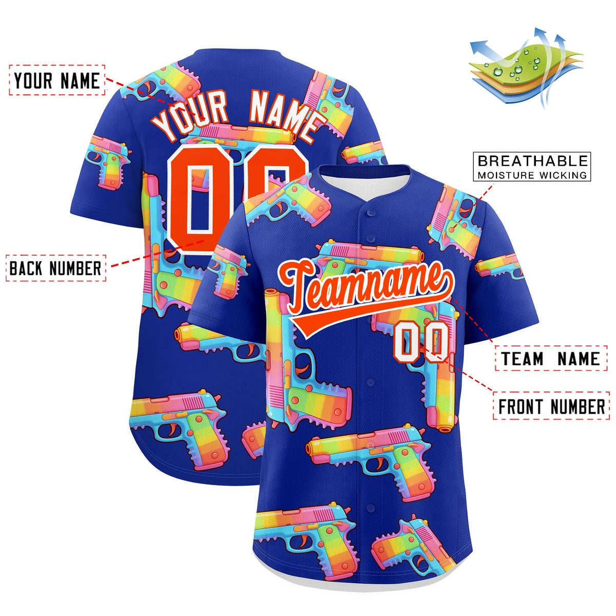Custom Youth Baseball Jersey Royal Blue Orange Sugar-Coated Firepower Graffiti Pattern Street Style