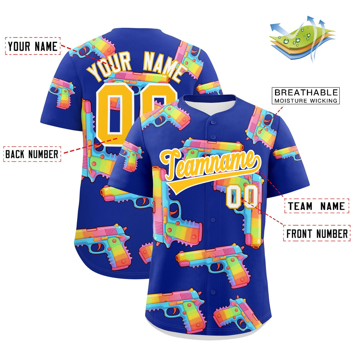 Custom Youth Baseball Jersey Royal Blue Yellow Sugar-Coated Firepower Graffiti Pattern Hip-hop