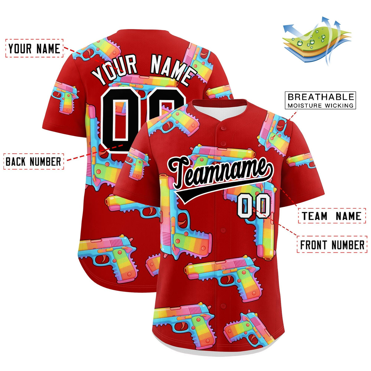Custom Youth Baseball Jersey Red Black Sugar-Coated Firepower Graffiti Pattern Street Style