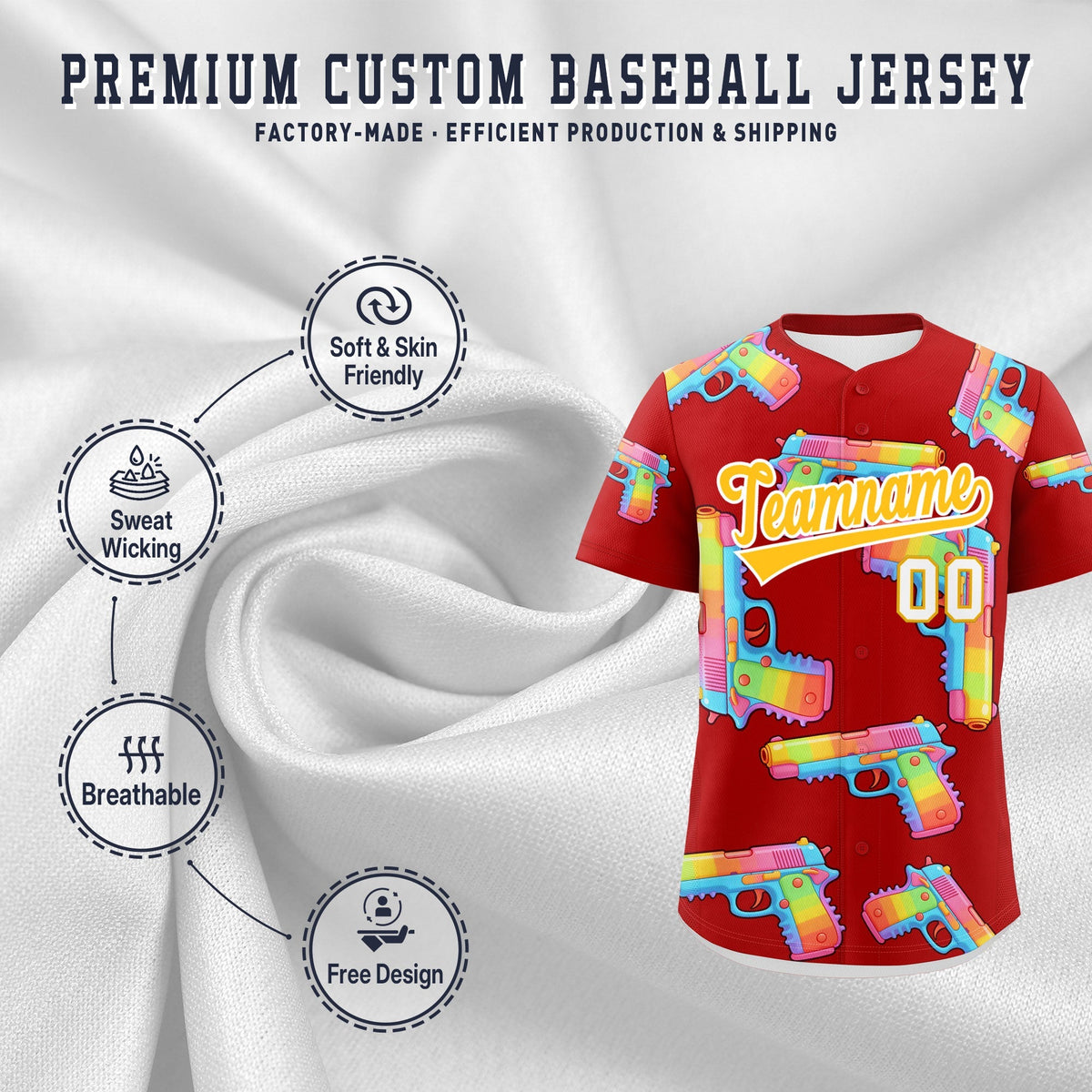 Custom Youth Baseball Jersey Red Yellow Sugar-Coated Firepower Graffiti Pattern Urban Fashion