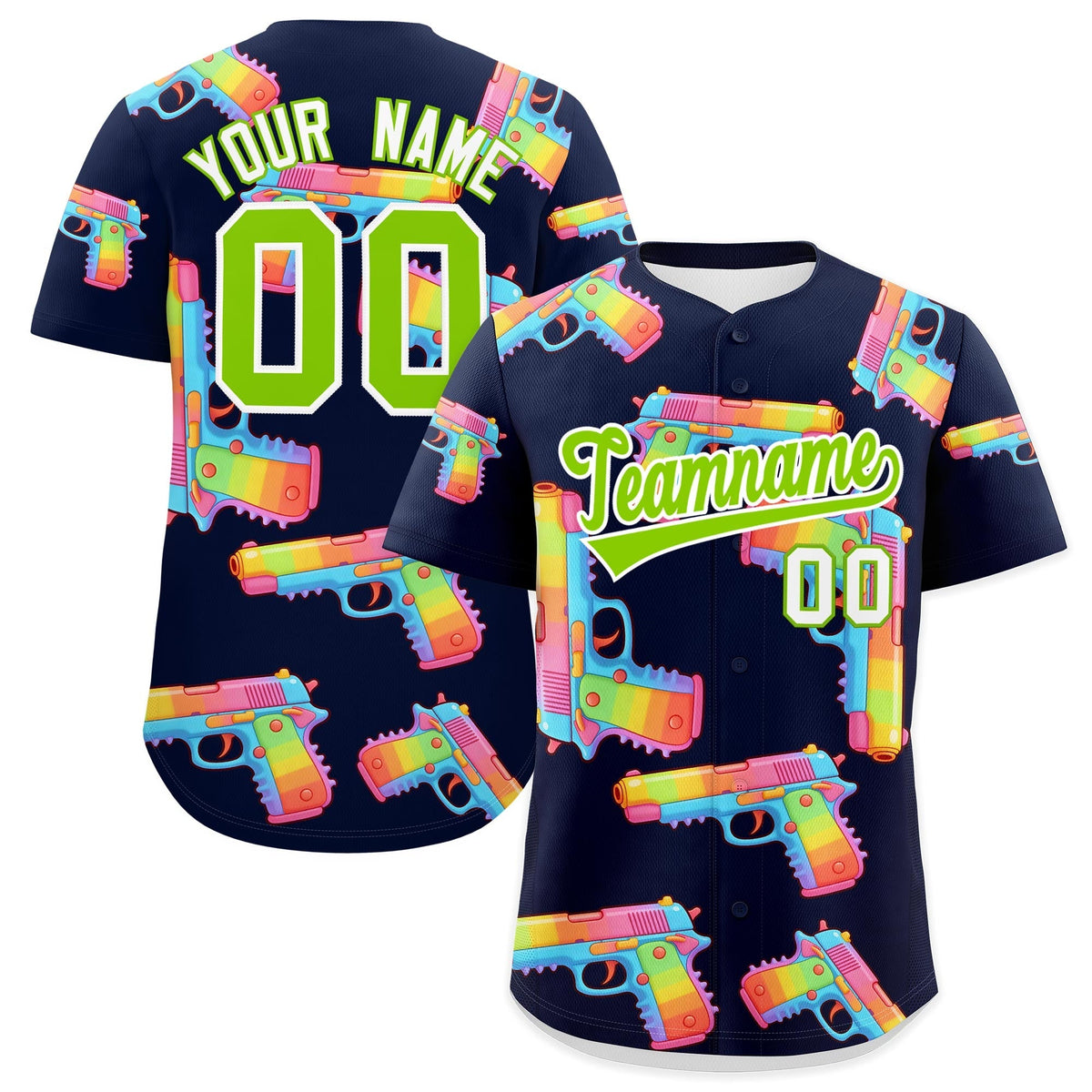 Custom Youth Baseball Jersey Navy Neon Green Sugar-Coated Firepower Graffiti Pattern Street Style