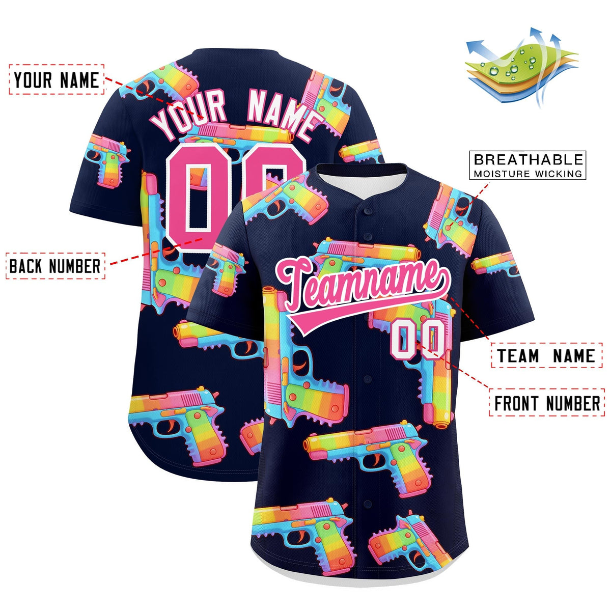 Custom Youth Baseball Jersey Navy Pink Sugar-Coated Firepower Graffiti Pattern Street Style