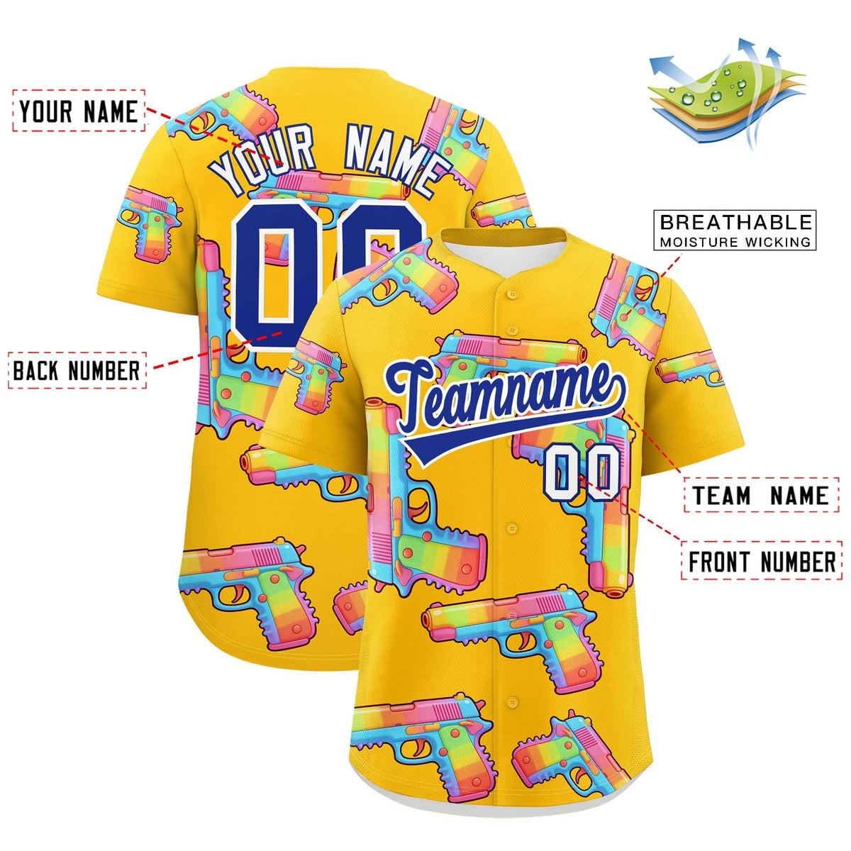 Custom Youth Baseball Jersey Yellow Royal Blue Sugar-Coated Firepower Graffiti Pattern Street Style