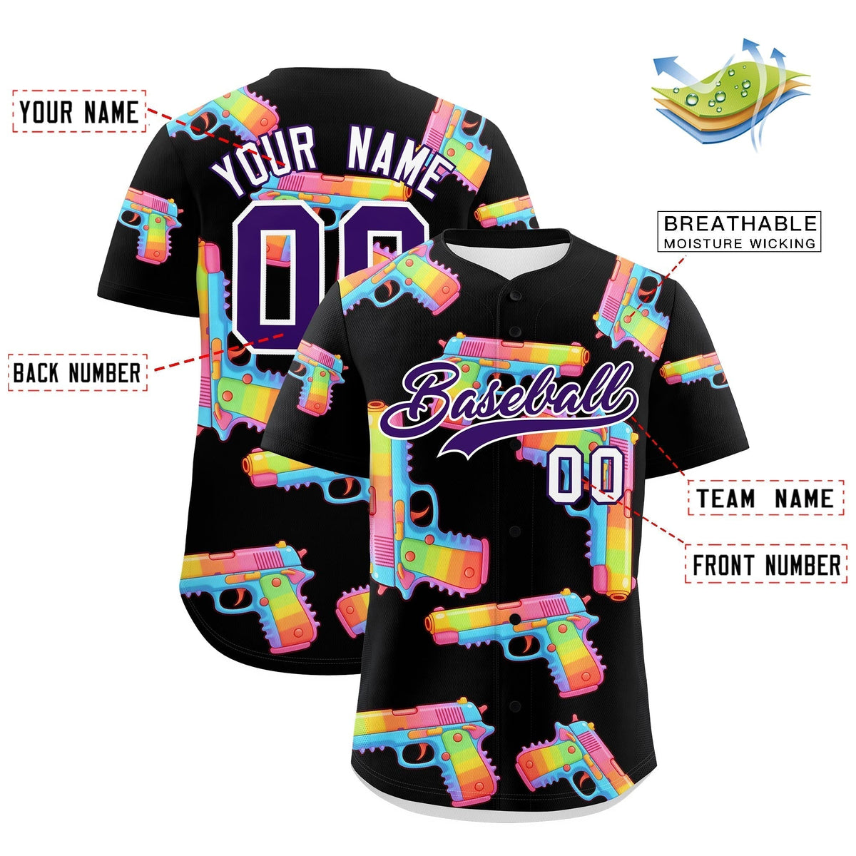 Custom Youth Baseball Jersey Black Purple Sugar-Coated Firepower Graffiti Pattern Street Style