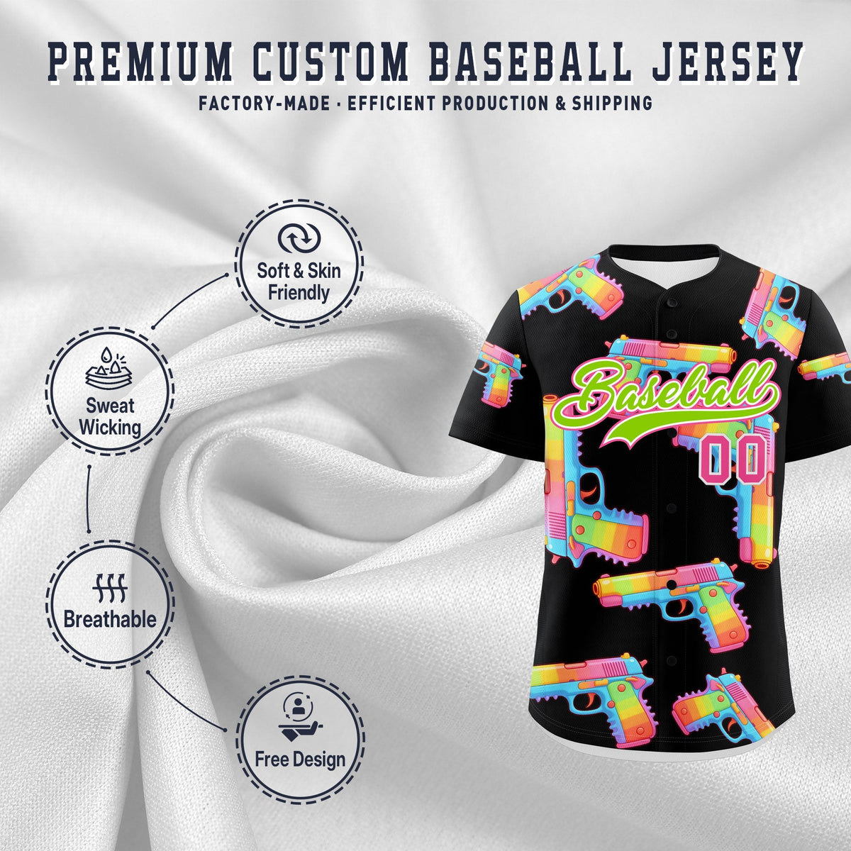 Custom Youth Baseball Jersey Black Neon Green Sugar-Coated Firepower Graffiti Pattern Street Style