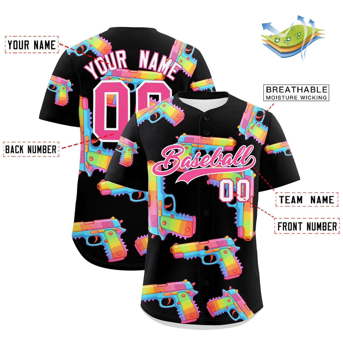 Custom Youth Baseball Jersey Black Pink Sugar-Coated Firepower Graffiti Pattern Hip-hop