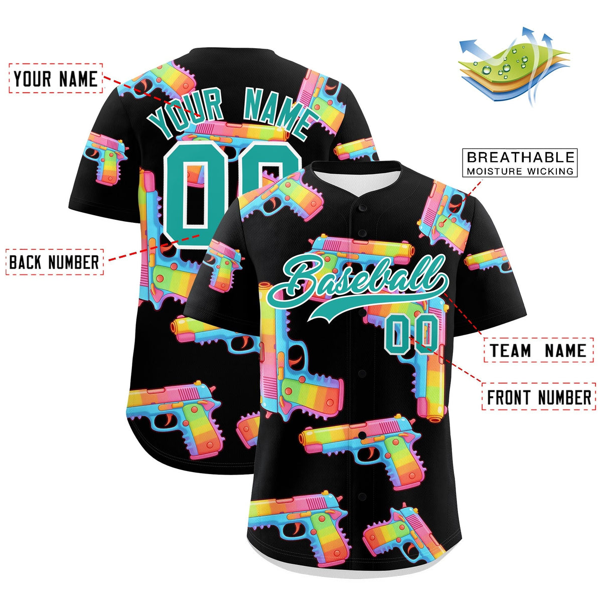 Custom Youth Baseball Jersey Black Aqua Sugar-Coated Firepower Graffiti Pattern Urban Fashion
