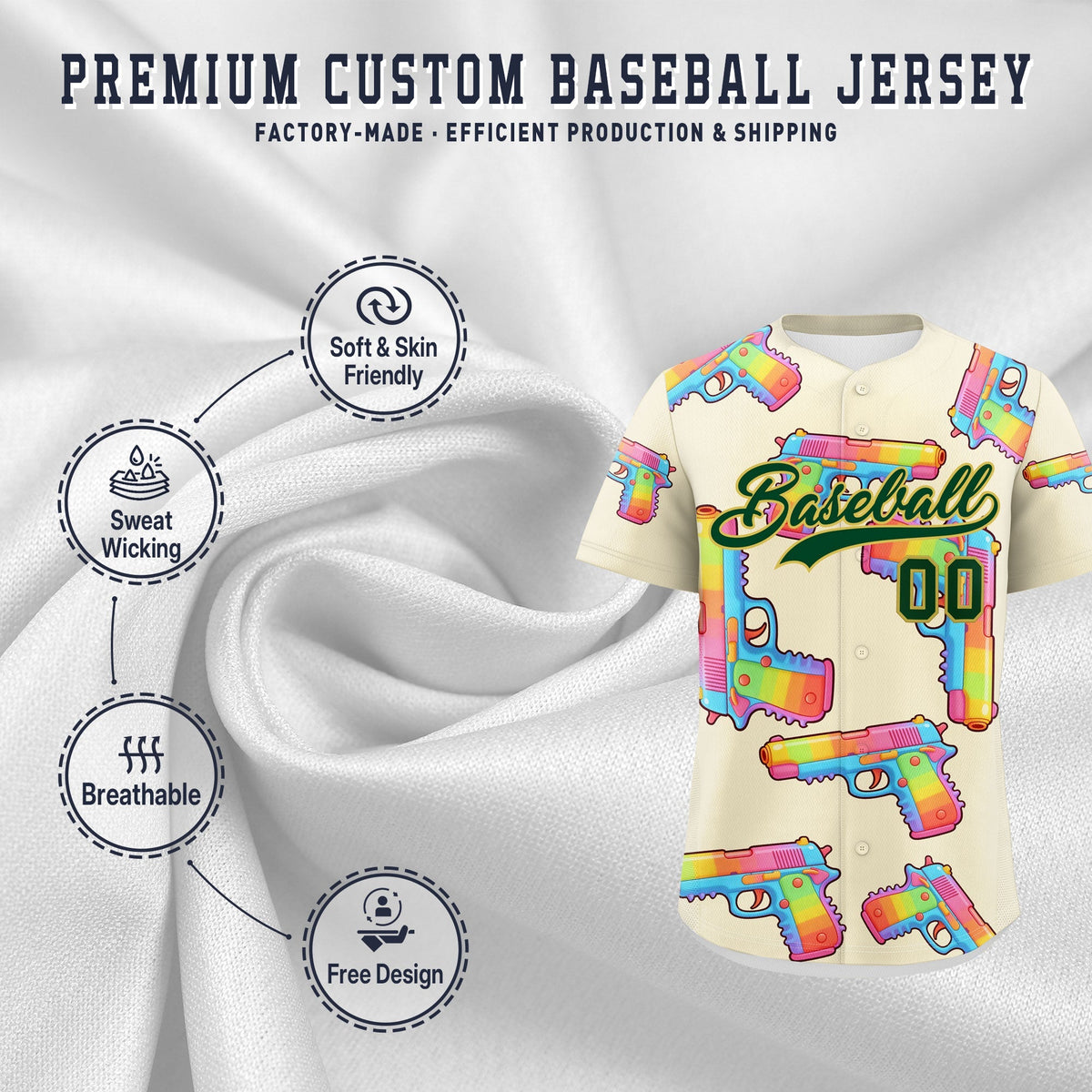 Custom Youth Baseball Jersey Cream Dark Green Sugar-Coated Firepower Graffiti Pattern Urban Fashion
