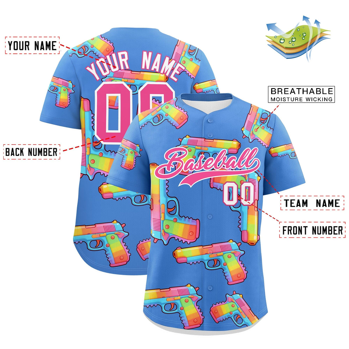 Custom Youth Baseball Jersey Powder Blue Pink Sugar-Coated Firepower Graffiti Pattern Urban Fashion