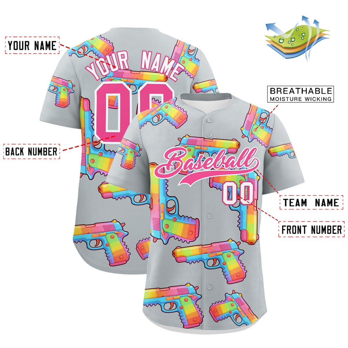 Custom Youth Baseball Jersey Silver Pink Sugar-Coated Firepower Graffiti Pattern Street Style