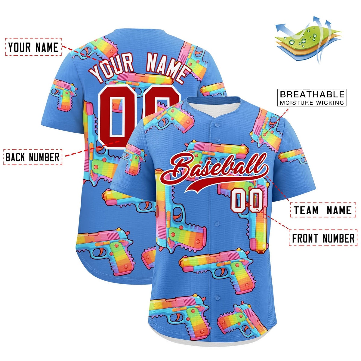 Custom Youth Baseball Jersey Powder Blue Red Sugar-Coated Firepower Graffiti Pattern Urban Fashion