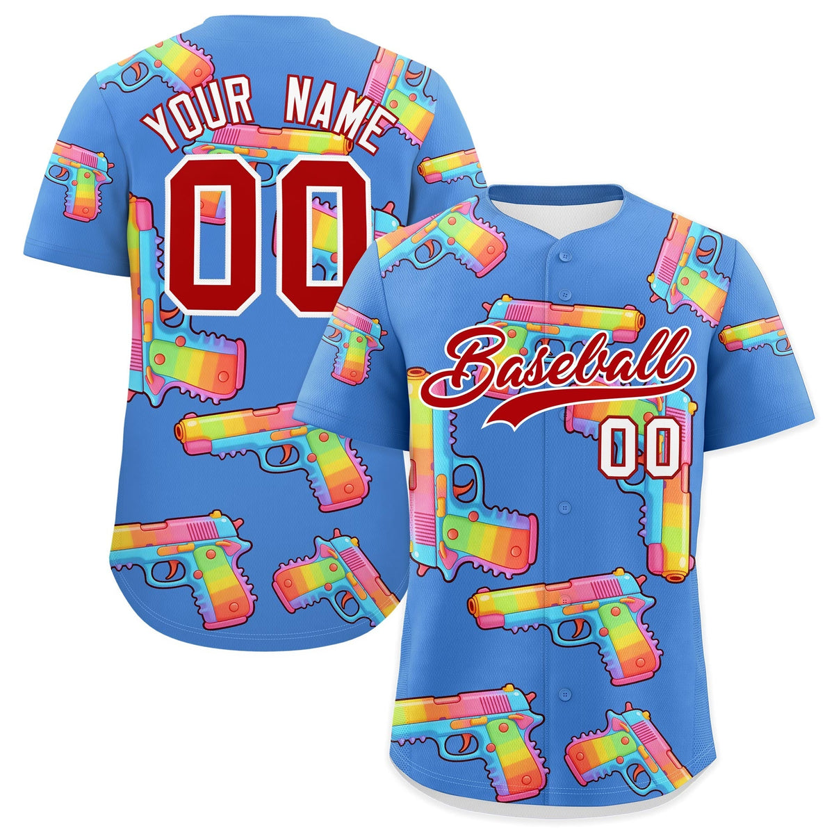 Custom Youth Baseball Jersey Powder Blue Red Sugar-Coated Firepower Graffiti Pattern Urban Fashion