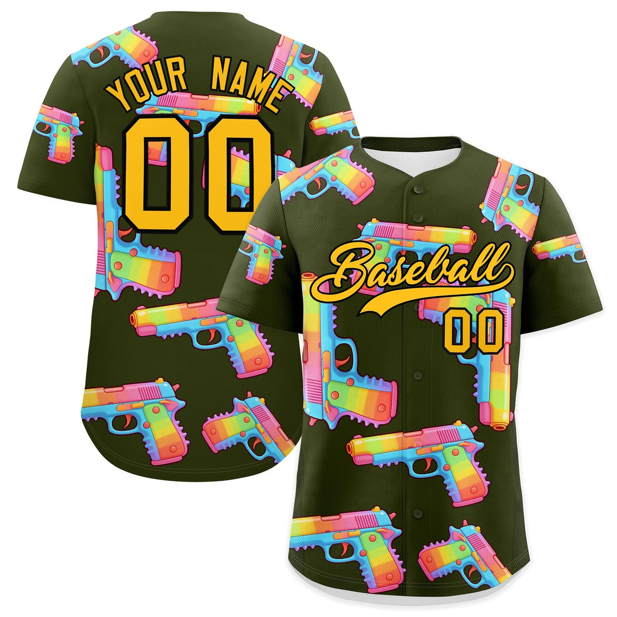 Custom Youth Baseball Jersey Olive Yellow Sugar-Coated Firepower Graffiti Pattern Street Style