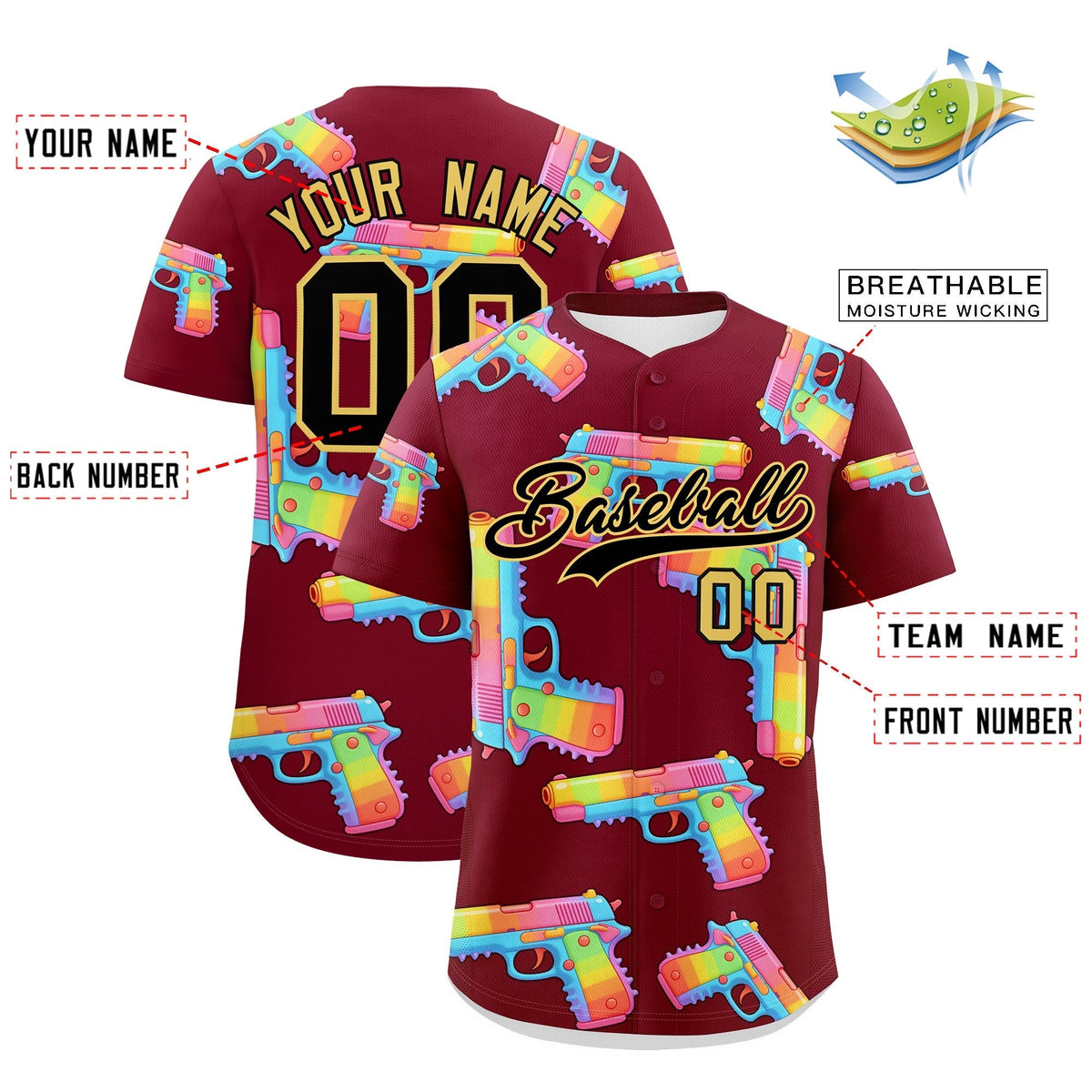 Custom Youth Baseball Jersey Crimson Black Khaki Sugar-Coated Firepower Graffiti Pattern Street Style