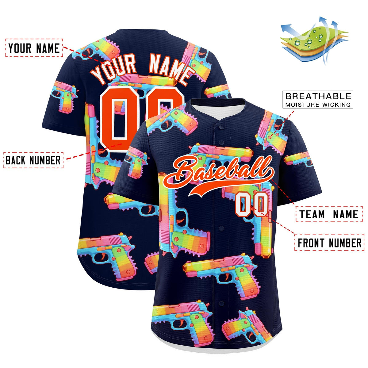 Custom Youth Baseball Jersey Navy Orange Sugar-Coated Firepower Graffiti Pattern Urban Fashion