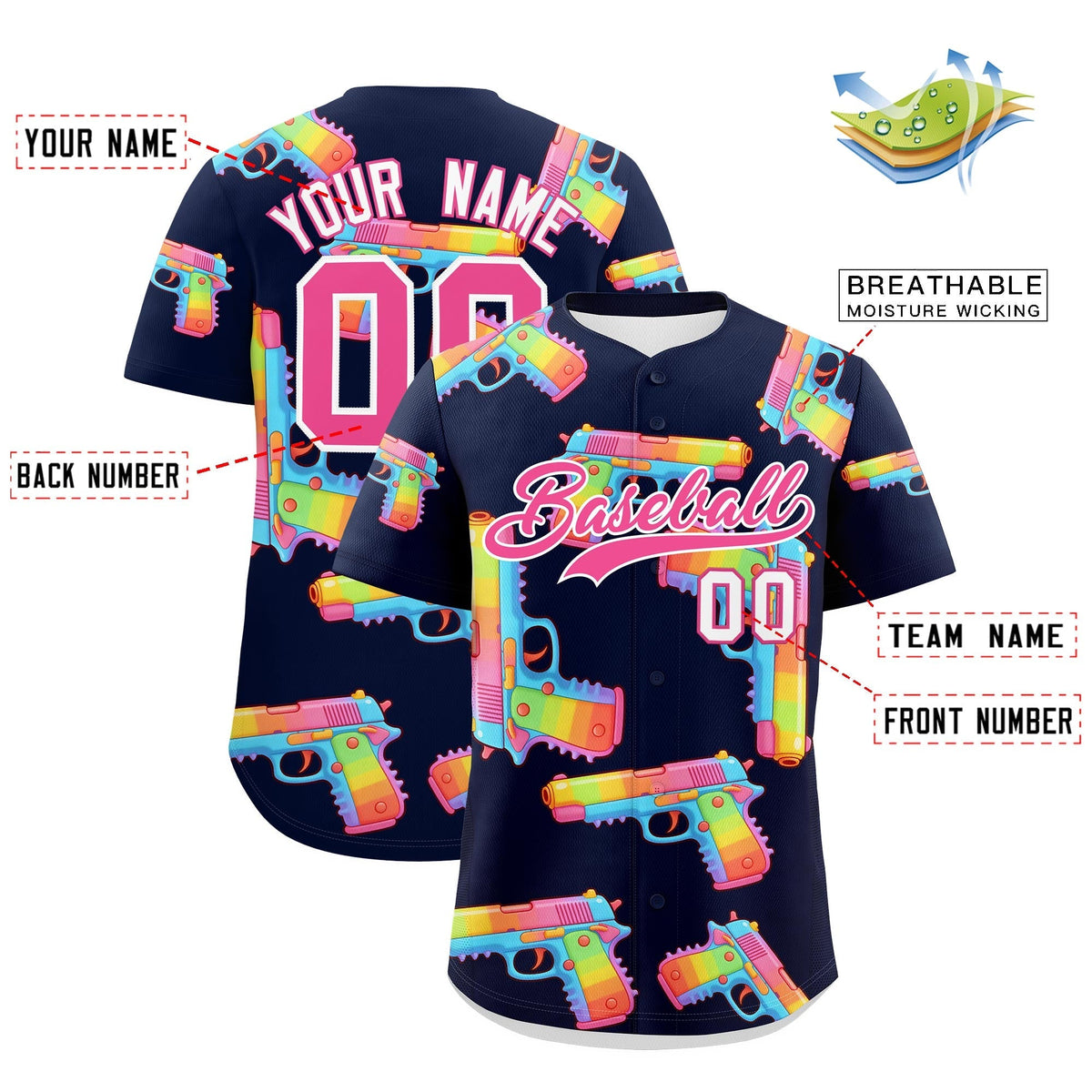 Custom Youth Baseball Jersey Navy Pink Sugar-Coated Firepower Graffiti Pattern Street Style