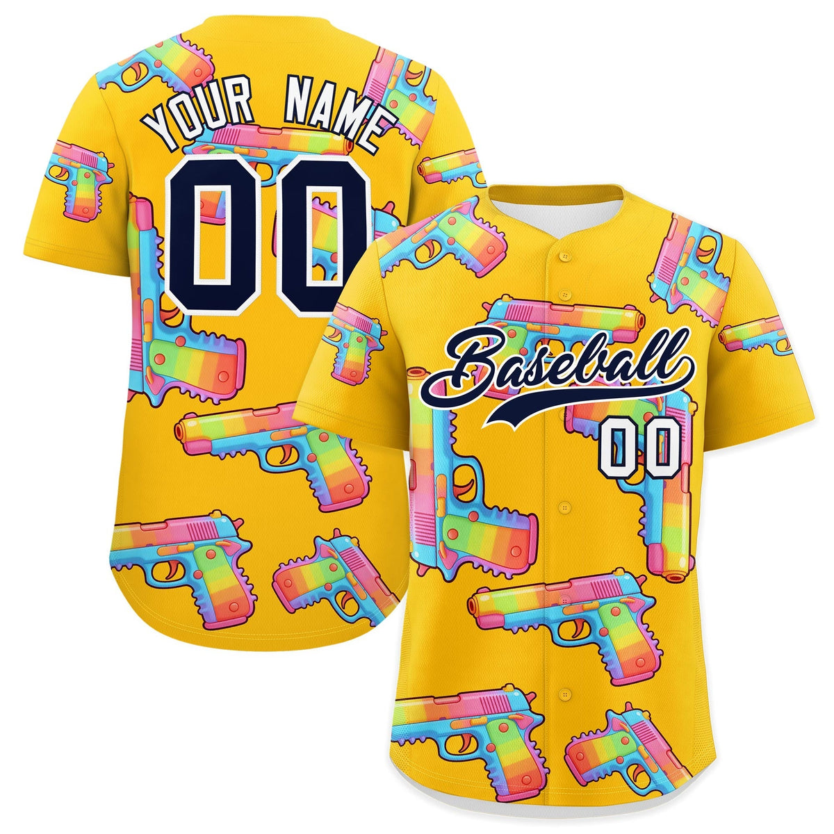 Custom Youth Baseball Jersey Yellow Navy Sugar-Coated Firepower Graffiti Pattern Street Style