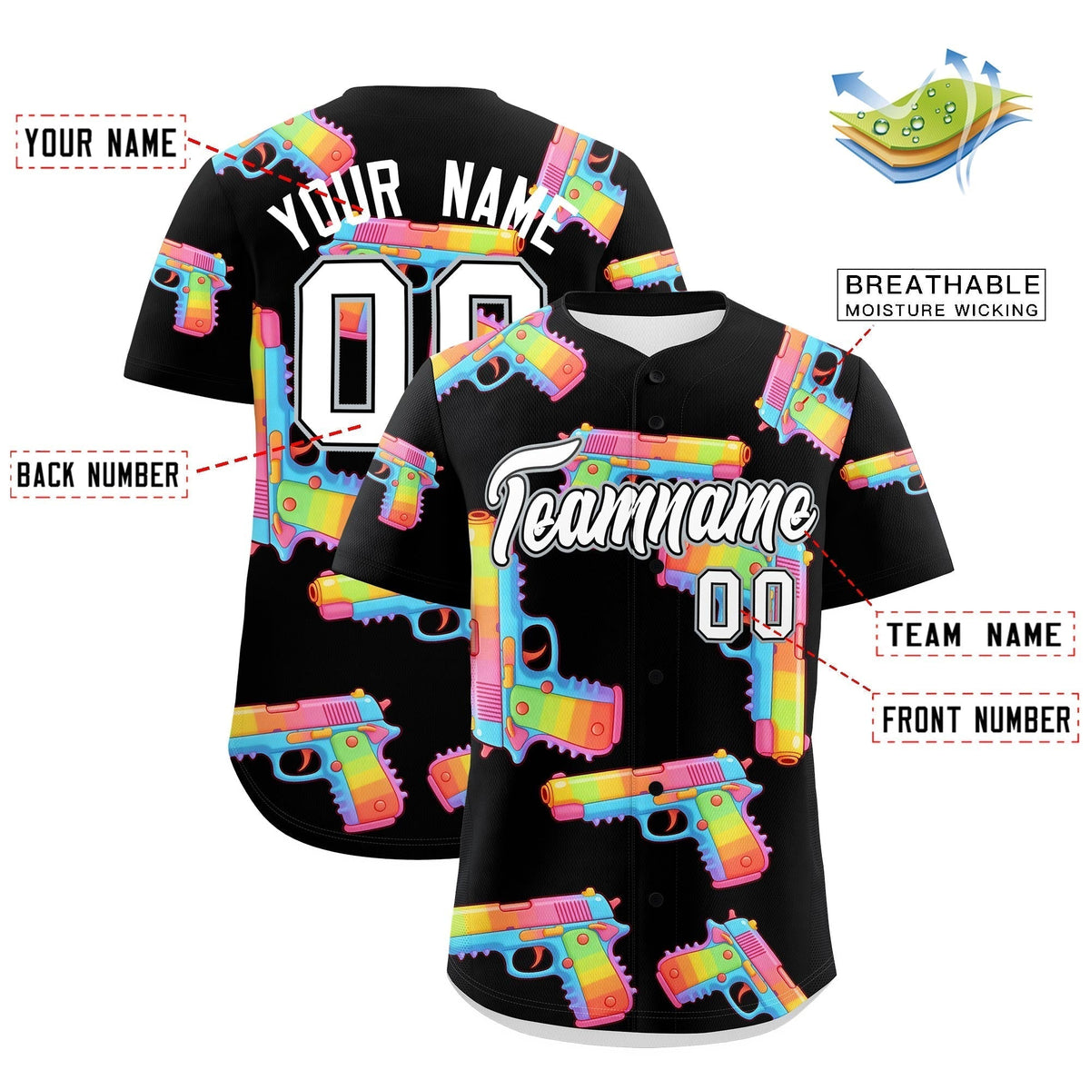 Custom Youth Baseball Jersey Black White Sugar-Coated Firepower Graffiti Pattern Street Style