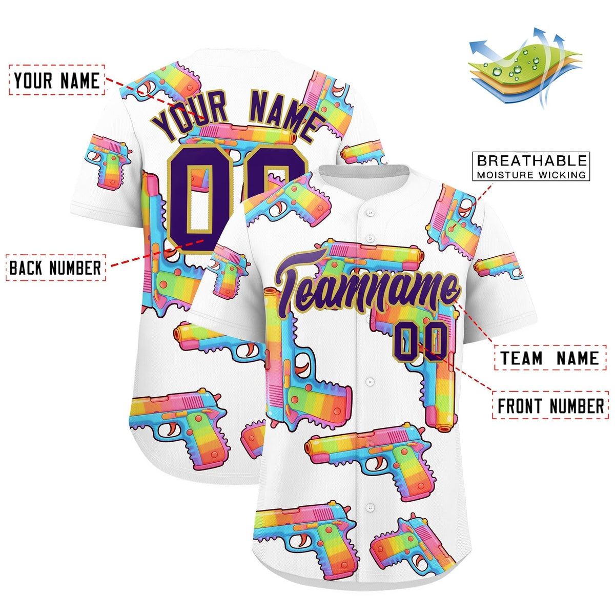 Custom Youth Baseball Jersey White Purple Sugar-Coated Firepower Graffiti Pattern Street Style
