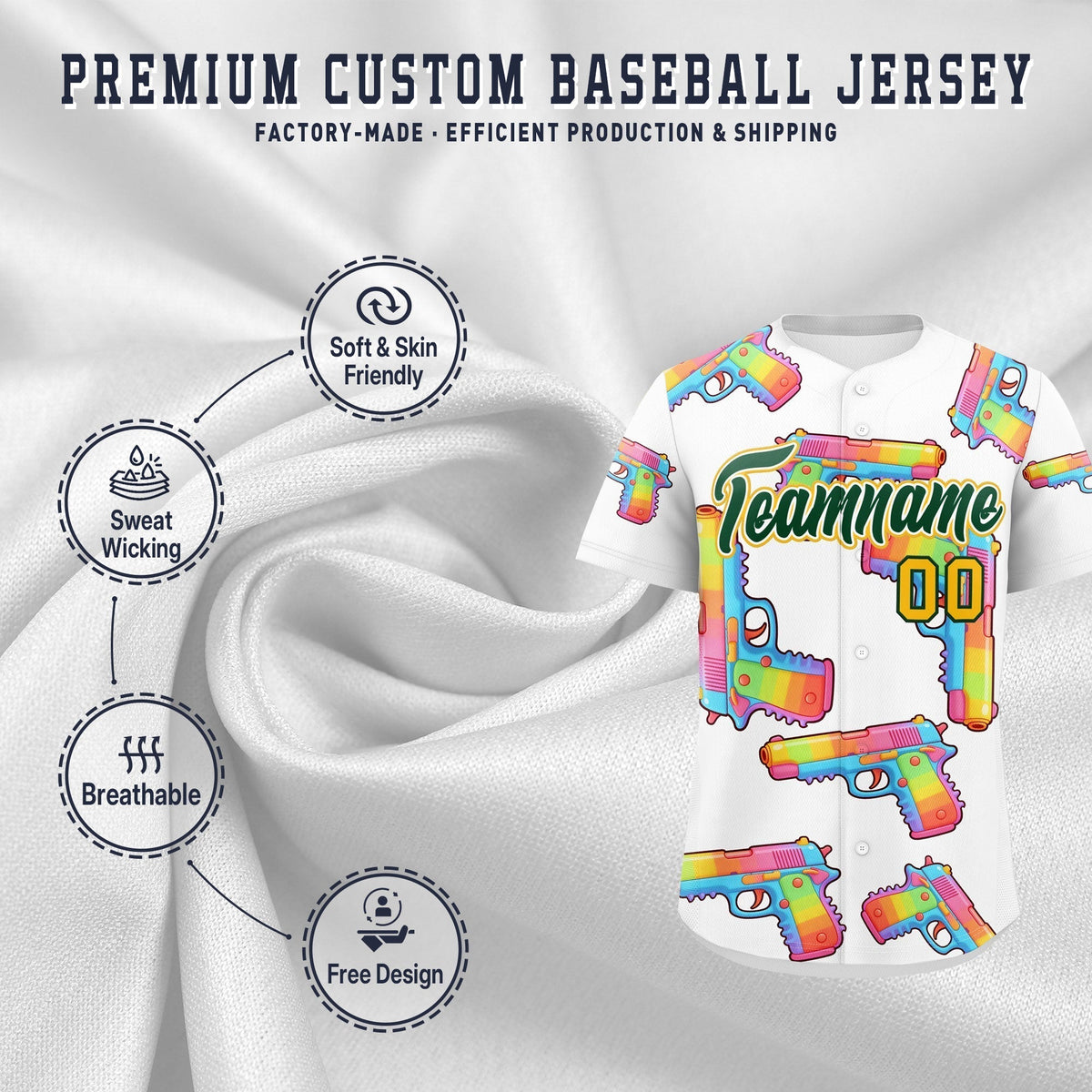 Custom Youth Baseball Jersey White Dark Green Sugar-Coated Firepower Graffiti Pattern Urban Fashion
