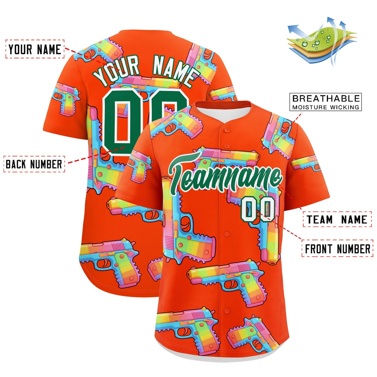 Custom Youth Baseball Jersey Orange Kelly Green Sugar-Coated Firepower Graffiti Pattern Hip-hop