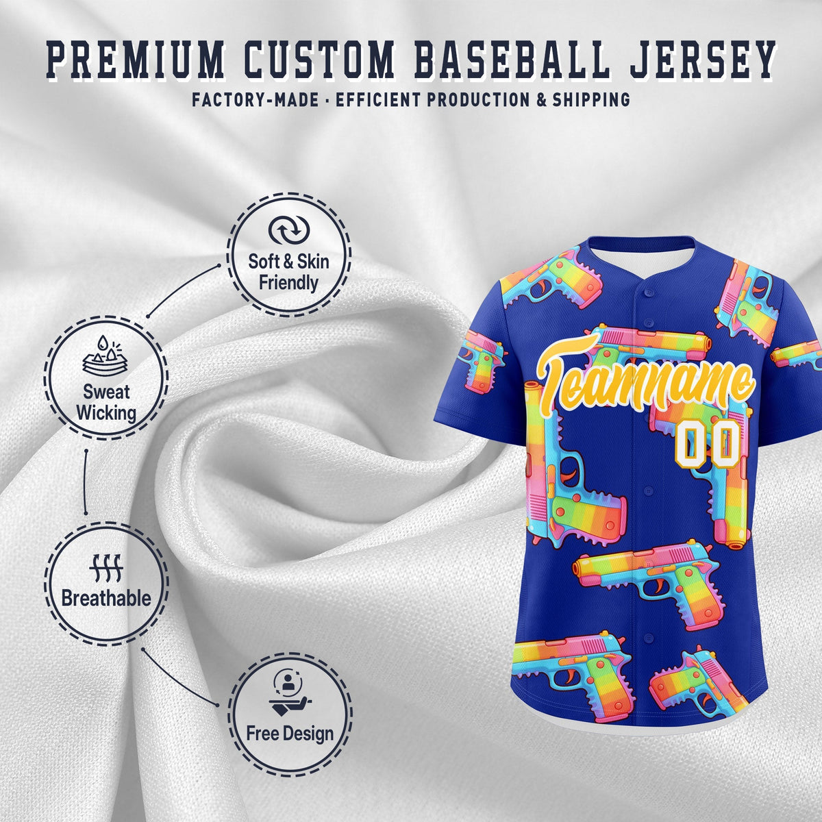 Custom Youth Baseball Jersey Royal Blue Yellow Sugar-Coated Firepower Graffiti Pattern Hip-hop