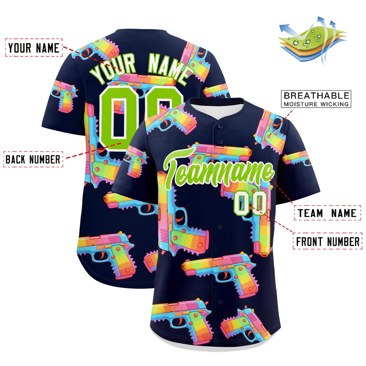 Custom Youth Baseball Jersey Navy Neon Green Sugar-Coated Firepower Graffiti Pattern Street Style