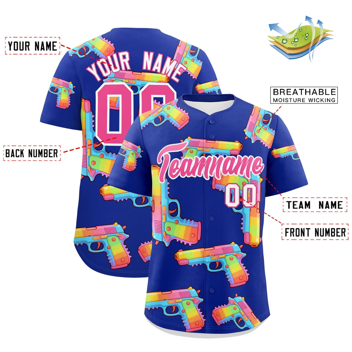 Custom Youth Baseball Jersey Royal Blue Pink Sugar-Coated Firepower Graffiti Pattern Urban Fashion