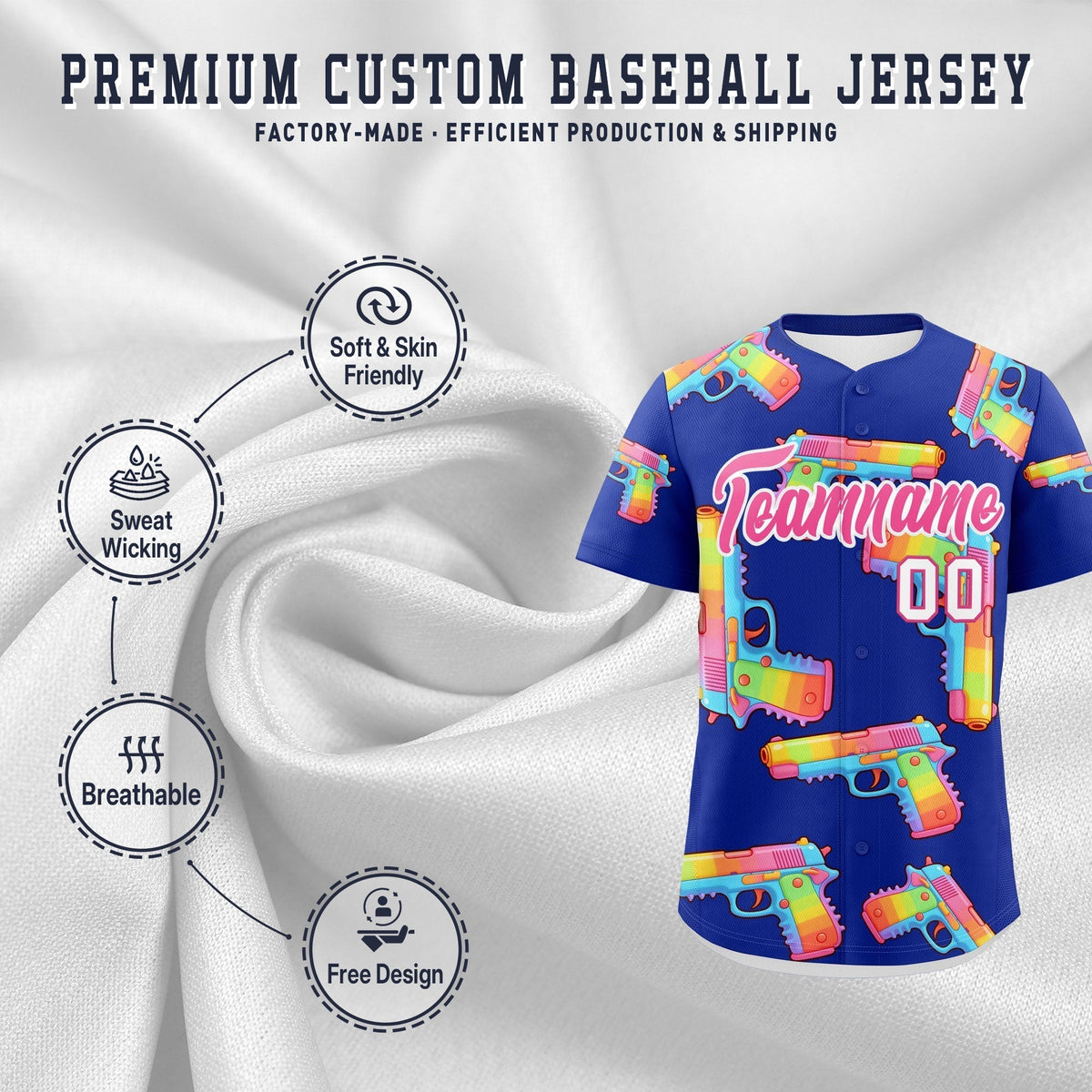 Custom Youth Baseball Jersey Royal Blue Pink Sugar-Coated Firepower Graffiti Pattern Urban Fashion