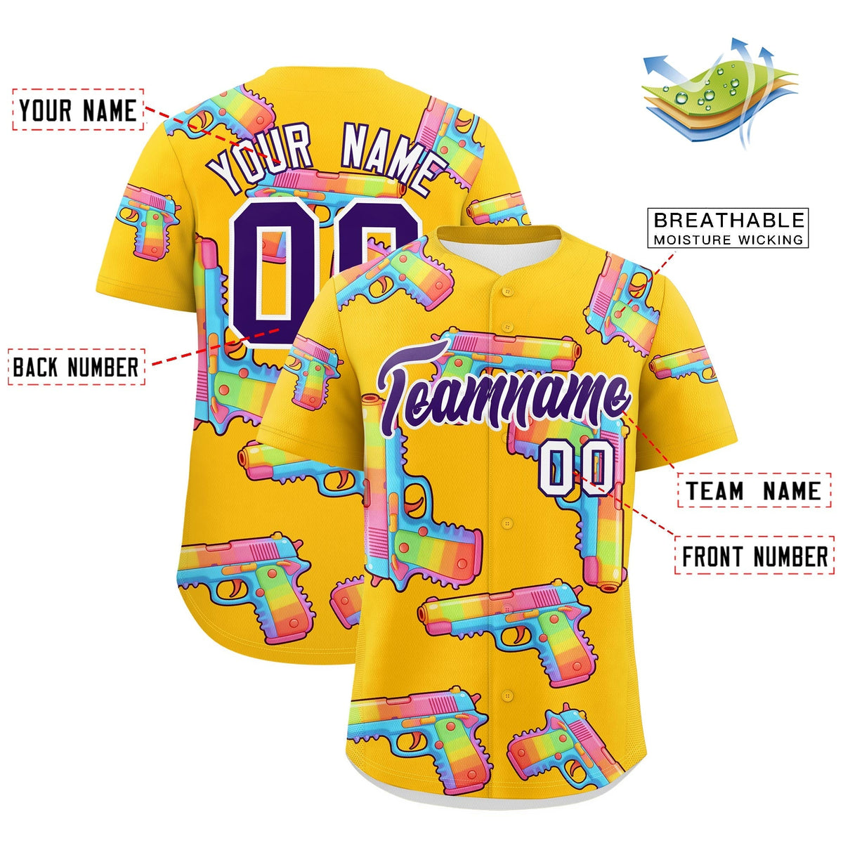 Custom Youth Baseball Jersey Yellow Purple Sugar-Coated Firepower Graffiti Pattern Urban Fashion