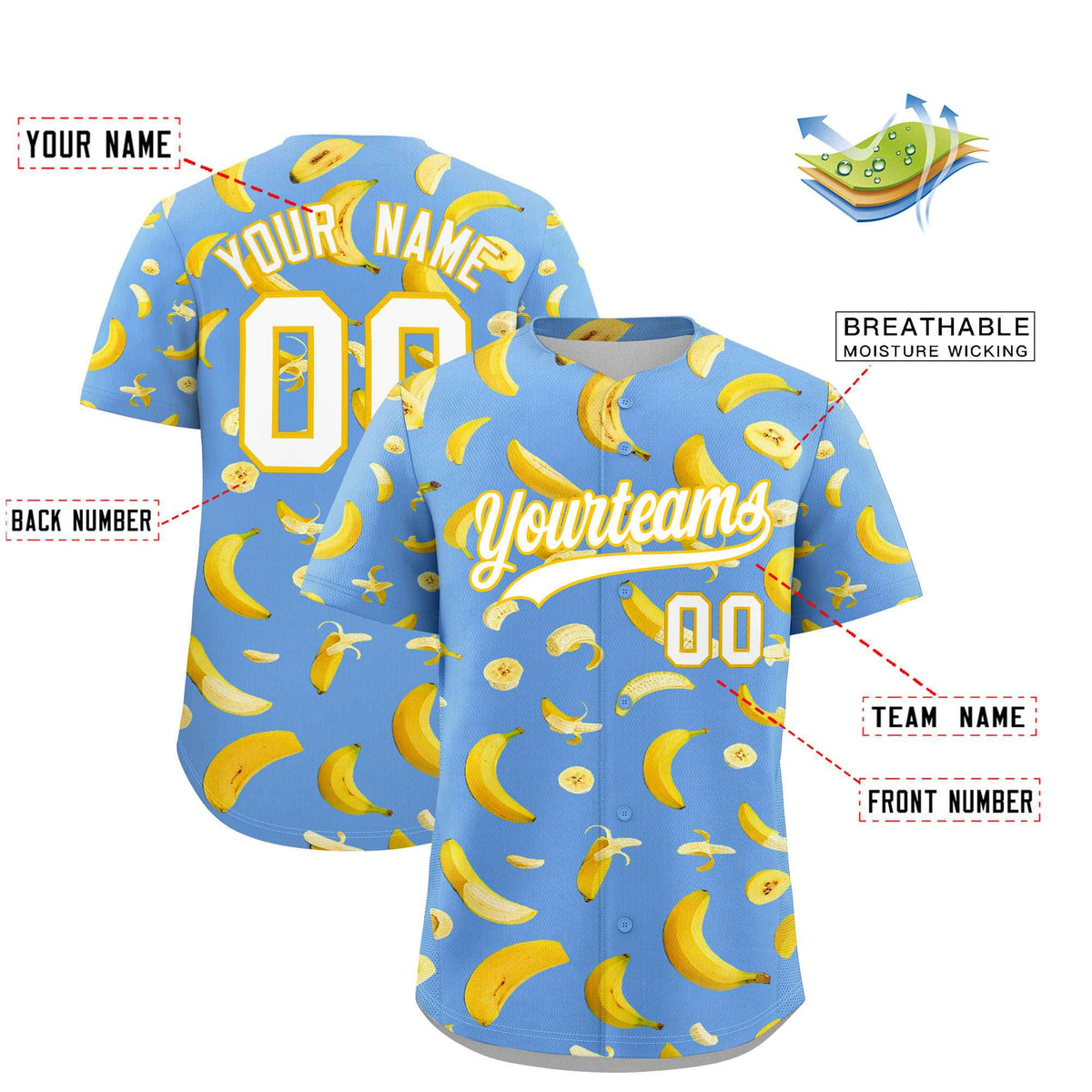 Custom Light Blue Banana Graffiti Pattern Fashion Authentic Baseball Jersey | Graffiti Pattern | Embroidery&amp;Dye-sublimation printing | KXKSHOP