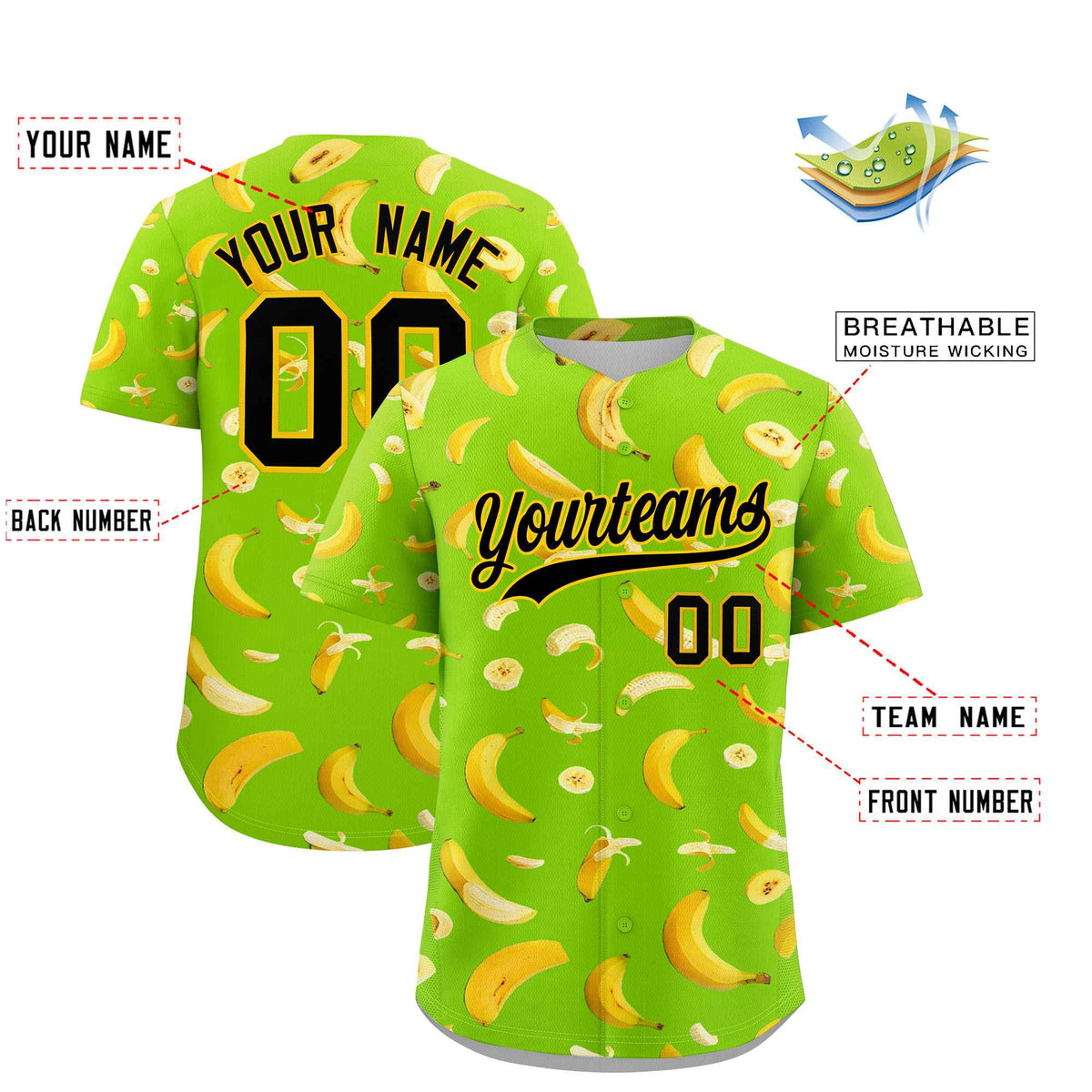 Custom Neon Green Banana Graffiti Pattern Fashion Authentic Baseball Jersey | Graffiti Pattern | Embroidery&amp;Dye-sublimation printing | KXKSHOP