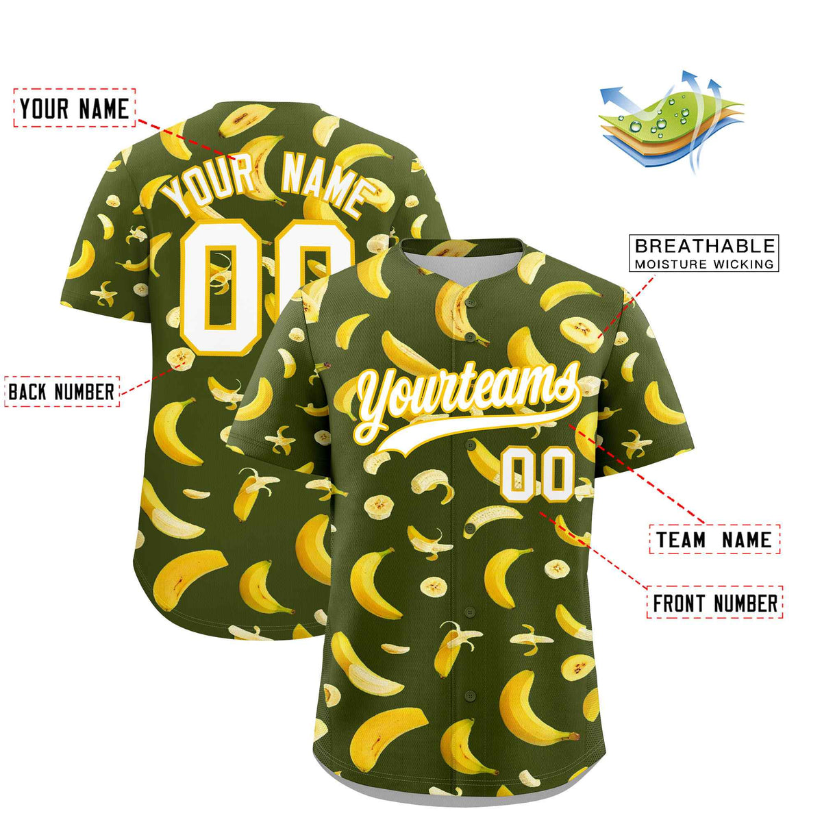Custom Olive Banana Graffiti Pattern Fashion Authentic Baseball Jersey | Graffiti Pattern | Embroidery&amp;Dye-sublimation printing | KXKSHOP