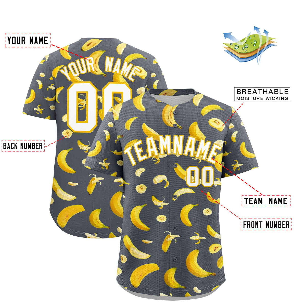 Custom Gray Banana Graffiti Pattern Fashion Authentic Baseball Jersey | Graffiti Pattern | Embroidery&amp;Dye-sublimation printing | KXKSHOP