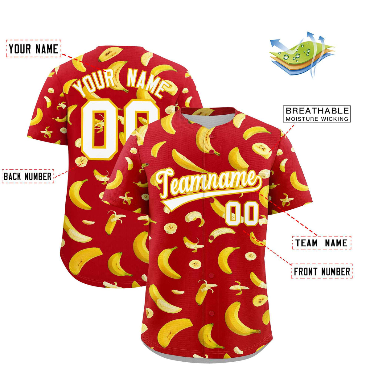 Custom Red Banana Graffiti Pattern Fashion Authentic Baseball Jersey | Graffiti Pattern | Embroidery&amp;Dye-sublimation printing | KXKSHOP