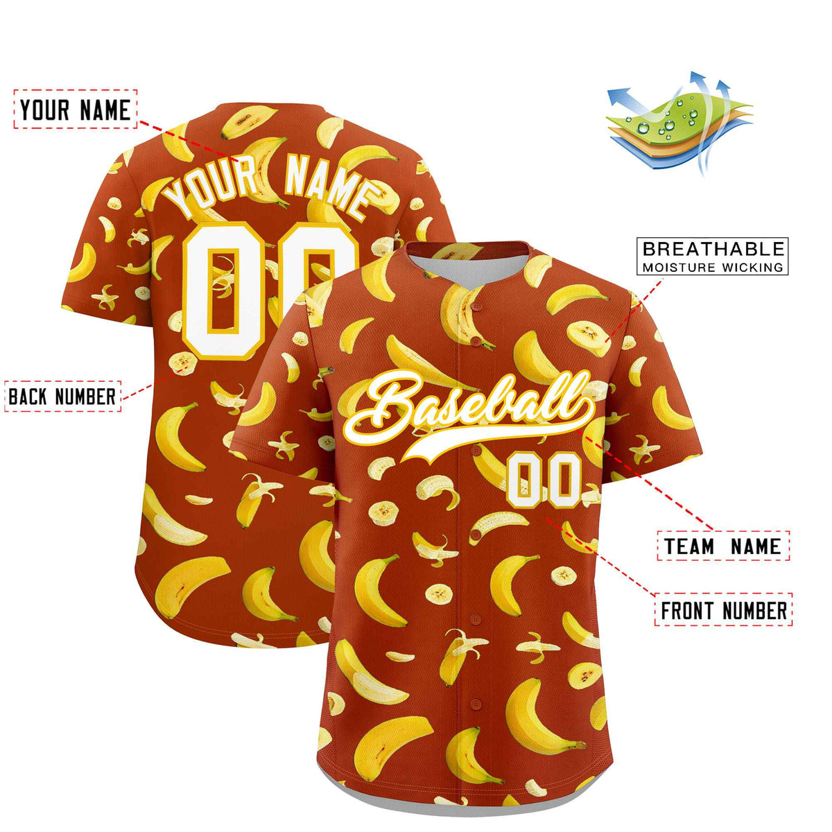 Custom Dark Orange Banana Graffiti Pattern Fashion Authentic Baseball Jersey | Graffiti Pattern | Embroidery&amp;Dye-sublimation printing | KXKSHOP