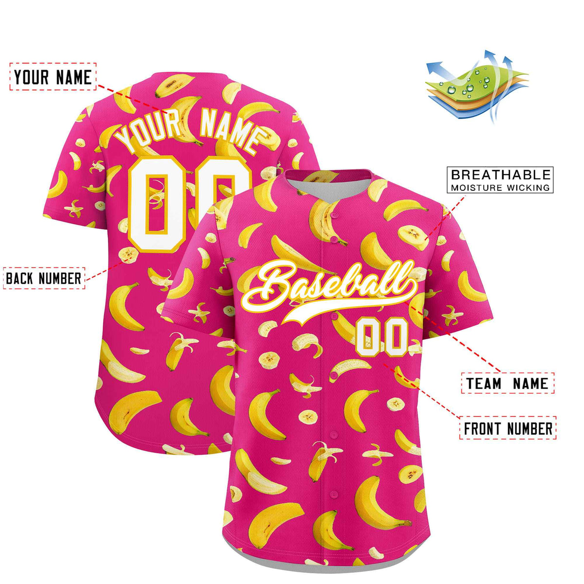 Custom Rose Red Banana Graffiti Pattern Fashion Authentic Baseball Jersey | Graffiti Pattern | Embroidery&amp;Dye-sublimation printing | KXKSHOP