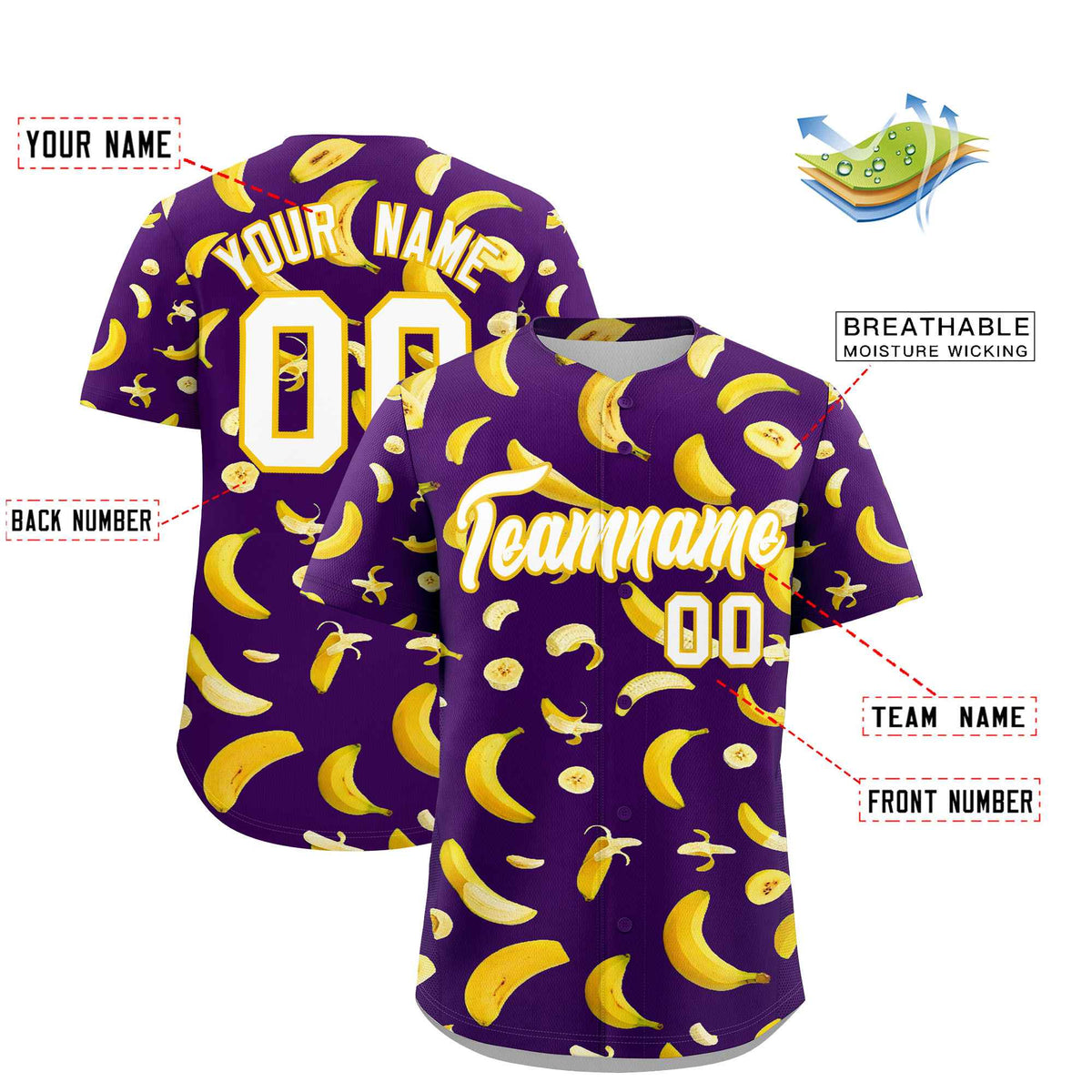 Custom Purple-02 Banana Graffiti Pattern Fashion Authentic Baseball Jersey | Graffiti Pattern | Embroidery&amp;Dye-sublimation printing | KXKSHOP